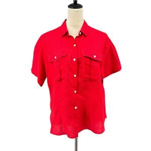 Alex Mill Bright Solid Red 100% Linen Short Sleeve Button Up Utility Camp Shirt